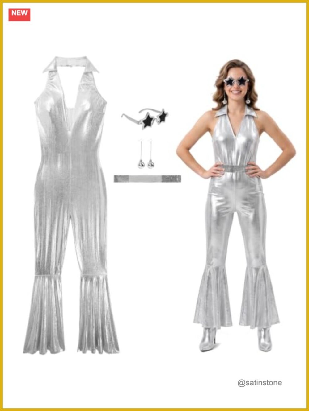 Disco Jumpsuit Costume 4-Piece Set Halter Bell Bottoms Retro 70s Dress Up